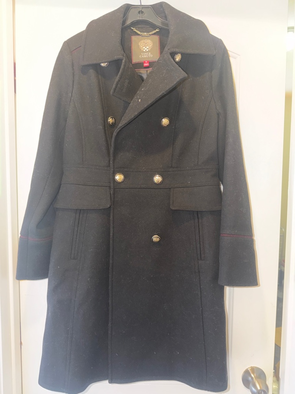 Vince Camuto Black Double-Breasted Pea Coat with Gold Buttons